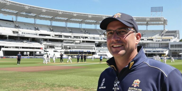Australian cricket coach watching team train on sunny field