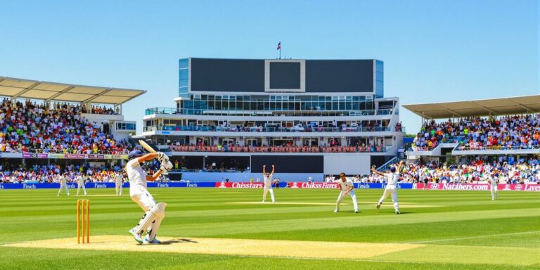 Australian cricket match action with players on a sunny field.