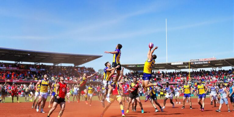 Players compete for football on red outback field, 2022.