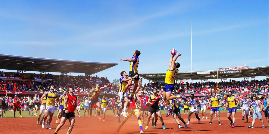 Players compete for football on red outback field, 2022.