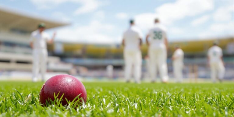 Cricket ball on field with players in background, daylight