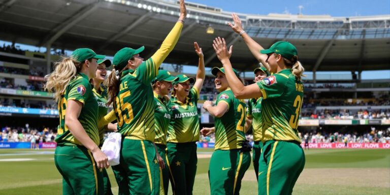 Australian women cricketers celebrating together on the field.