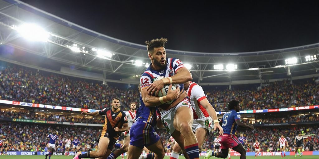 NRL players tackling on stadium field, fans cheering, night