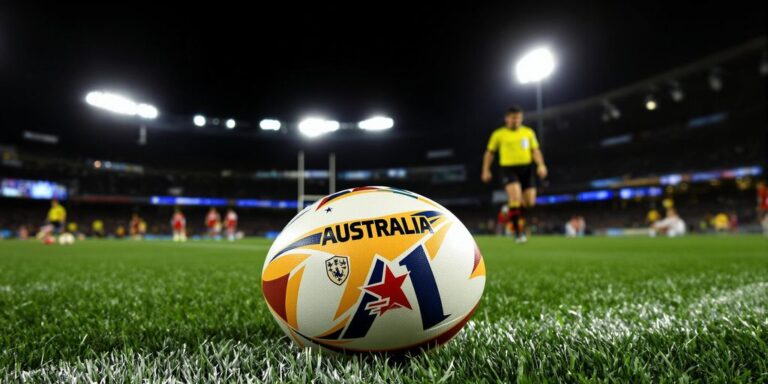 AFL ball on grass with referee and players behind