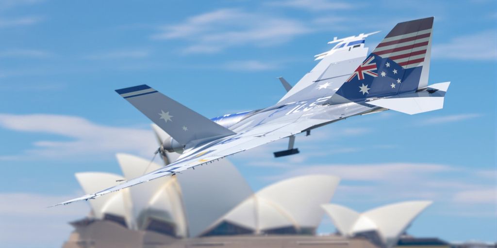 Jet flies over Sydney Opera House.