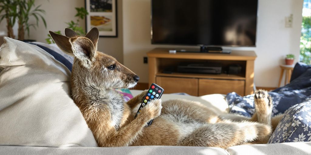 Kangaroo chilling with remote, watching Netflix.