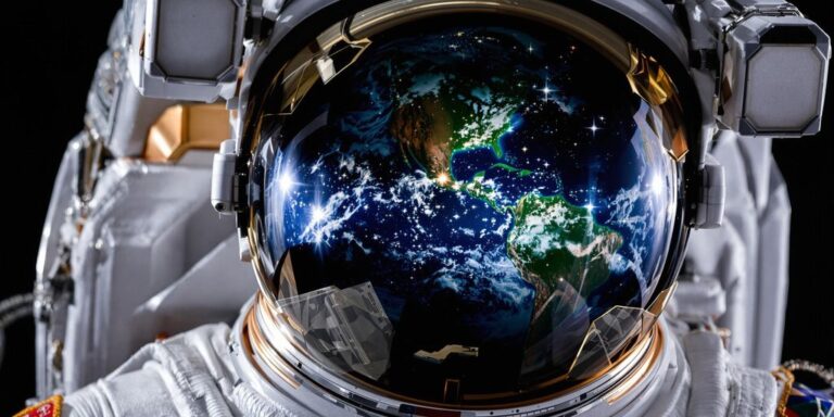 Astronaut floating with Earth in background.