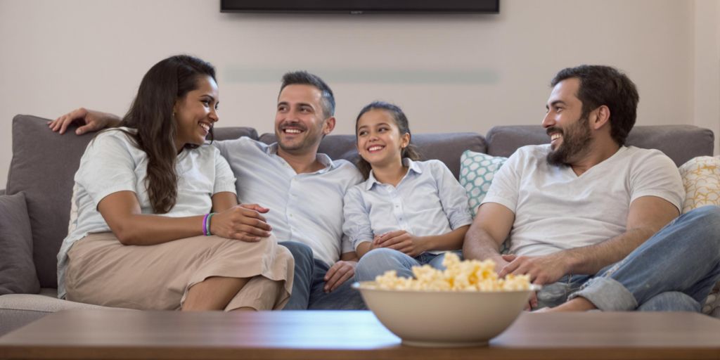 A family on a couch, enjoying Aussie streaming.